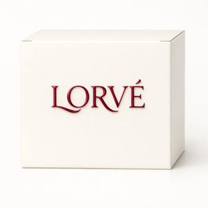 May include: A square, off-white cardboard box featuring the word LORV&Eacute; printed in a deep red, serif font on the front face. The box has a clean, matte finish and a simple, structured design, presenting a neutral appearance for packaging.