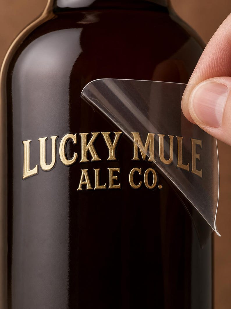 May include: A dark brown glass bottle featuring a clear adhesive label with the gold-colored text LUCKY MULE ALE CO. printed on it. The label is partially peeled back from the surface of the bottle, revealing the glossy finish of the dark glass.