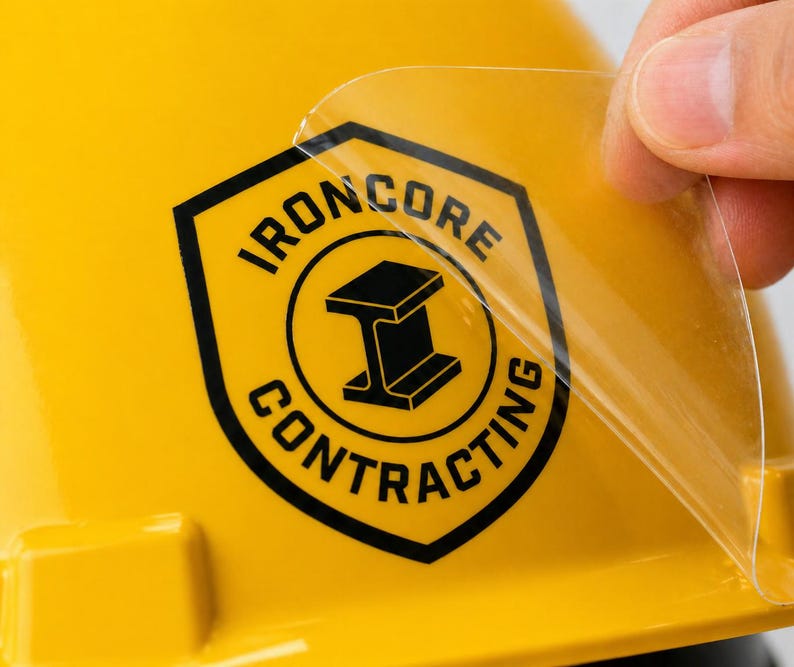 May include: A bright yellow hard hat featuring a black shield-shaped decal with the text IRONCORE CONTRACTING and an I-beam icon. A clear adhesive film is being peeled back from the surface of the sticker, revealing the glossy finish underneath.