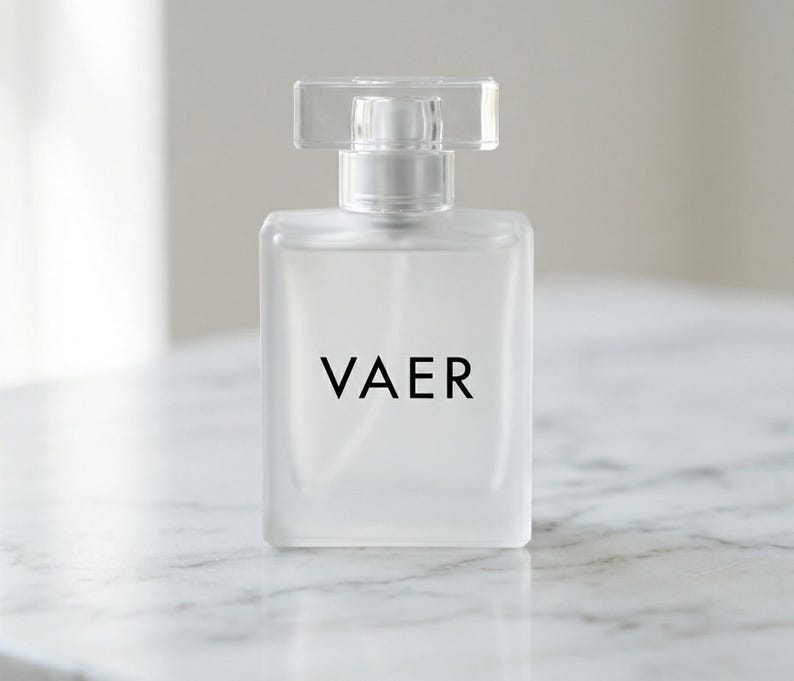 May include: A rectangular perfume bottle made of frosted glass with the word VAER printed in black on the front. The bottle features a clear, rectangular cap and a silver-toned spray nozzle mechanism visible beneath the transparent lid.