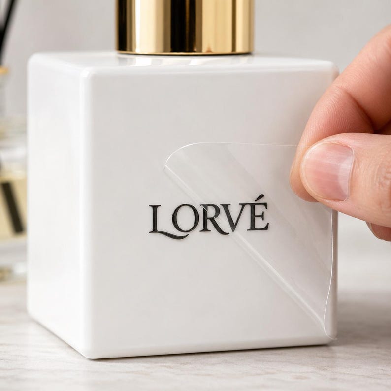 May include: A square white container with a gold-colored cap features a clear adhesive label being applied to its front surface. The label displays the black text LORV&Eacute; in a serif font, with a portion of the transparent backing film peeling away.