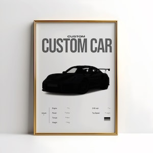 May include: A framed print featuring a black silhouette of a sports car. The text "CUSTOM CUSTOM CAR" is at the top. Below are details including engine size, power, torque, weight, 0-60 mph time, and top speed.