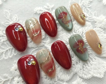 Red and teal cat eye press on nails, almond shape, short length