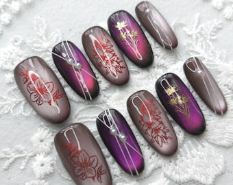 Stunning Plum and Lavender cat eye press on nails, Oval shape, medium length, handmade