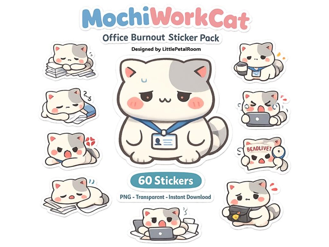 Kawaii Office Cat Stickers PNG | Cute Burnout Cat Sticker Pack | Funny ...