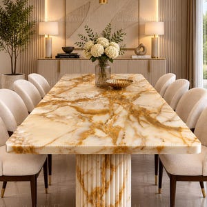 Luxe eettafel van honingonyx met gecanneleerde voet en moderne, op maat gemaakte stenen tafel.