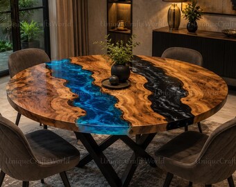 Runder Wurzelholz Epoxy Fluss Esstisch | Blau Schwarz Harz Live Edge Möbel