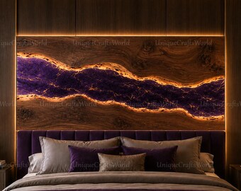 Cabecero de resina de nogal personalizado, río de resina epoxi con geoda púrpura, cuadro de pared de madera con borde natural iluminado