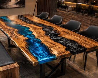 Mesa de comedor de madera de raíz con borde natural y resina epoxi, mesa de conferencias de resina amarilla y blanca.