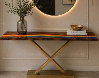 Custom Live Edge Rainbow Epoxy Console Table, Vibrant Wood Resin River Entry Hall Table, Luxury Modern Entryway Table, Handmade Sofa Table