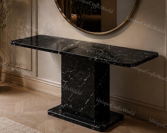 Modern Black Marble Console Table – Nero Marquina Entryway Table – Minimalist Luxury Hallway Furniture – Bespoke T-Base Stone Console