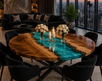 Round Resin Table, Live Edge Wood Table, Turquoise Epoxy River Table, Round Kitchen Table, Luxury Housewarming Gift, Handmade Furniture