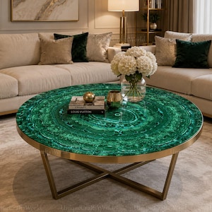 Tavolino da caffè rotondo di lusso in malachite verde, tavolino centrale in marmo e pietra preziosa