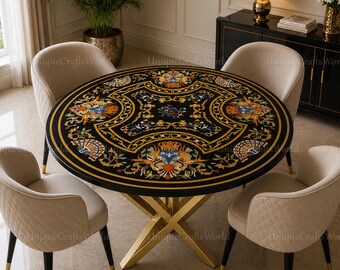 Pietra Dura Round Dining Table | Custom Black Marble Inlay Table Top | Vintage Italian Style Stone Table | Luxury Functional Art Furniture