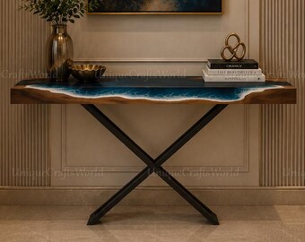 Live Edge Wurzelholz Ocean Harz Konsolentisch, Blue Epoxy River Eingangstisch