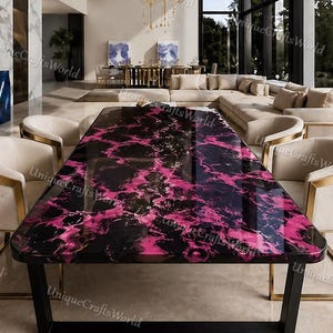 Mesa de comedor de lujo en mármol rosa y negro, mesa de resina epoxi de alto brillo, mesa de comedor rectangular moderna, mueble personalizado hecho a mano.