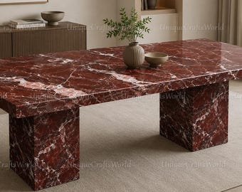 Mesa de comedor de mármol Rosso Levanto / Mesa de conferencias de lujo en piedra roja / Muebles modernos a medida
