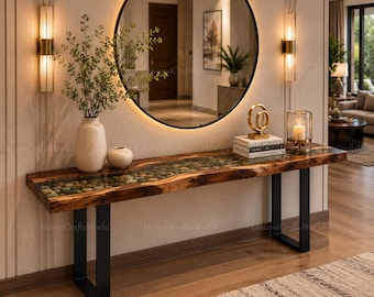 Live Edge Walnut River Console Table with Stone Inlay, Epoxy Entryway Accent Furniture