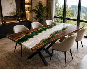 Mesa de comedor de nogal con borde natural / Resina epoxi verde esmeralda, muebles de madera a medida