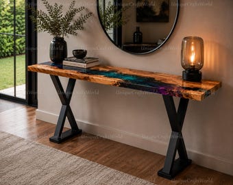 Mesa consola de resina epoxi con madera de raíz de raíz con borde natural, color turquesa púrpura río, sofá estrecho moderno