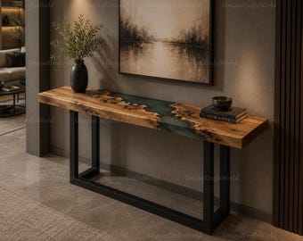 Walnut Burl Resin River Console Table, Live Edge Entryway Sofa Table, Handmade Functional Art