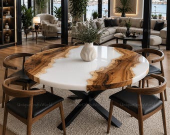 Round Live Edge Olive Wood Dining Table with White Epoxy Resin River – Custom Round Table, Luxury Handmade Wooden Dining Room Furniture