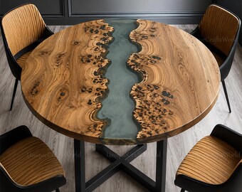 Mesa redonda de madera de raíz con resina epoxi / Mesa de comedor con borde natural / Diseño moderno de mediados de siglo a medida
