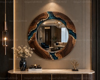Espejo de madera de raíz con borde natural / Arte de resina epoxi azul turquesa, decoración de pared redonda