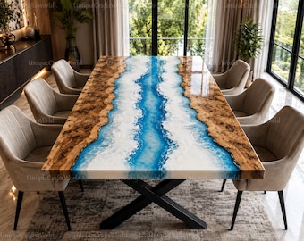 Burl Wood Epoxy Dining Table | Ocean Blue Resin River Live Edge Kitchen Table