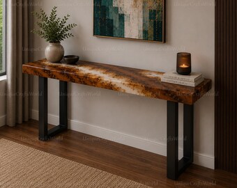 Mesa consola de madera de raíz con borde natural, resina blanca y amarilla, mesa auxiliar moderna para recibidor o sofá.