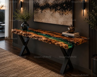Mesa consola de madera de raíz con borde natural, río de resina epoxi verde esmeralda, mesa auxiliar artesanal.