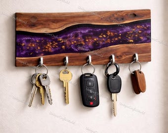 Celestial Purple Resin River Key Holder – Walnut Wood Wall Key Hanger – Modern Entryway Organizer – Artisan Key Hooks – Unique Resin Holder