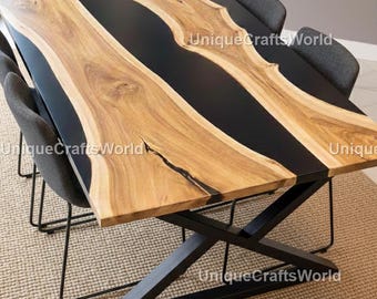 Mesa de comedor River hecha a mano con resina epoxi negra – Madera maciza con borde natural, base moderna en forma de X