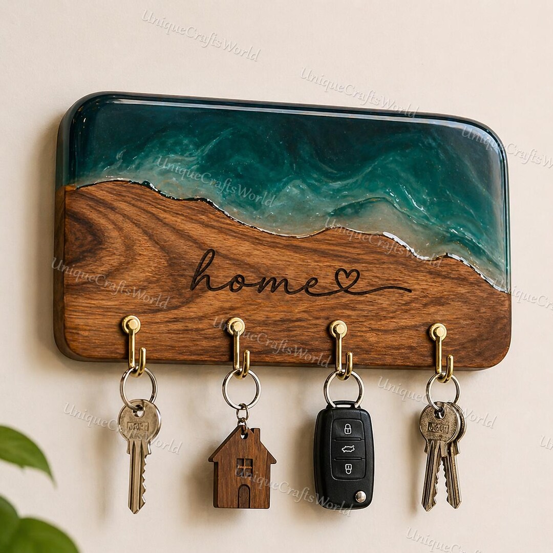 Key Display Rack Live Edge Walnut Resin Key Rack, Coastal Blue Wave Entryway Organizer ...