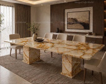 Mesa de comedor de ónix miel natural, tablero de mármol crema dorado, base de pedestal, mueble de lujo que marca la diferencia.