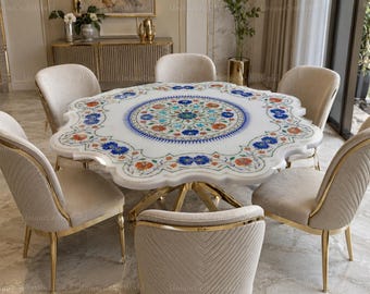 Tablero de mesa redondo de mármol blanco festoneado hecho a mano, decoración de comedor con incrustaciones florales de pietra dura