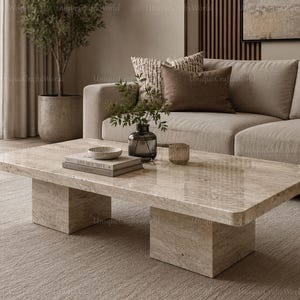 Beige Travertine Coffee Table, Minimalist Natural Stone Center Table, Rectangular Block Base