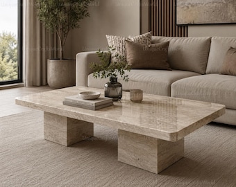 Mesa de centro de travertino beige, mesa auxiliar minimalista de piedra natural, base rectangular de bloque.