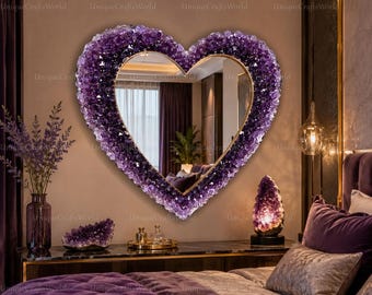 Espejo de amatista en forma de corazón, marco de geoda de cristal púrpura, arte de pared impactante, decoración de lujo para la sanación