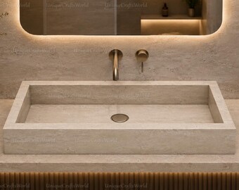 Lavabo rectangular de piedra travertino, lavabo de lujo natural, estilo Wabi Sabi moderno.