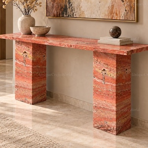 Red Travertine Console Table, Pink Onyx Inspired Stone Entryway Furniture