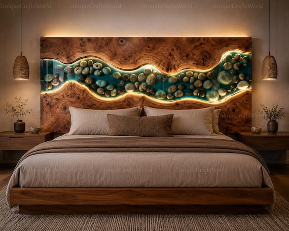 Custom Live Edge Burl Wood Headboard, Epoxy Resin River, River Stones, Preserved Moss