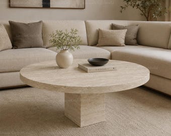 Mesa de centro redonda de travertino / Mesa auxiliar de mármol crema / Decoración de lujo en piedra maciza