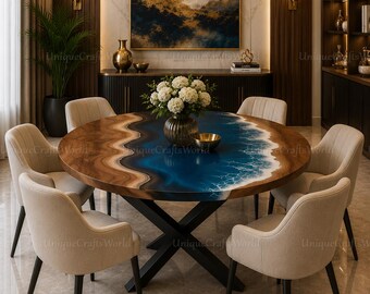 Handcrafted Round Walnut Epoxy River Dining Table, Ocean Blue Live Edge Furniture