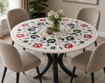 Tablero de mesa de mármol blanco Pietra Dura, mesa redonda de comedor/centro con incrustaciones de piedra floral de pavo real hechas a mano.
