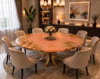Luxury Blush Pink Resin Dining Table | Round Live Edge Burl Wood Table Top | Modern Wood & Epoxy Table | Custom Handmade Dining Table