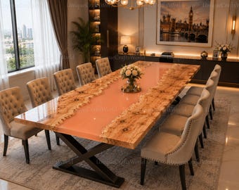 Luxury Live Edge Burl Dining Table, Peach Pink Epoxy Resin River Table, Handcrafted Solid Wood Table, Statement Desk, Custom Furniture