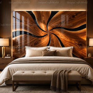 Walnut Epoxy River Headboard, Modern Geometric Wall Art Panels, Luxury Bedroom Furniture