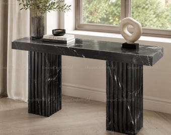 Nero Marquina Marble Console Table, Fluted Pedestal Entryway Table, Modern Ribbed Sofa Furniture