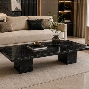 Luxury Black Nero Marquina Marble Coffee Table, Modern Rectangular Plinth Table, Minimalist Natural Stone Center Table Decor